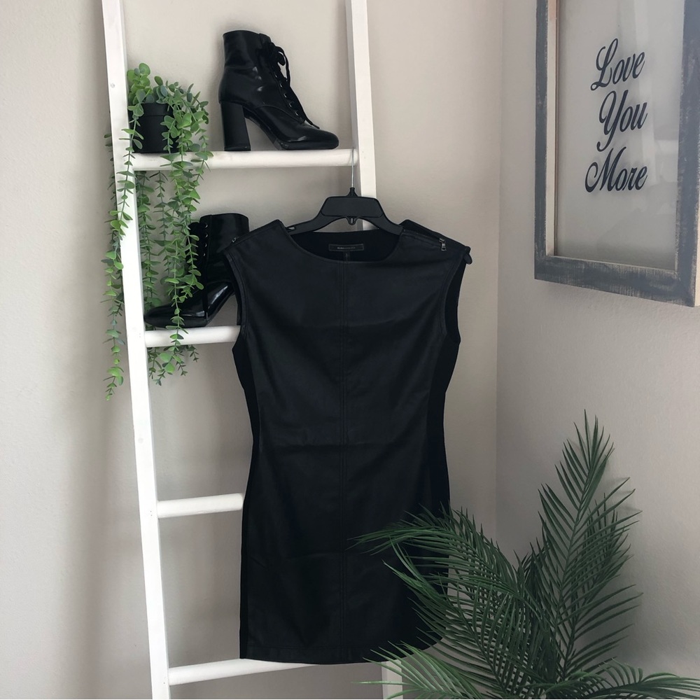 BCBGMAXAZRIA faux black leather dress with zipper shoulders SZ XXS